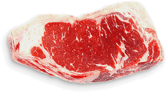 Filete de costilla crudo, rojo con vetas blancas, sobre una superficie blanca.