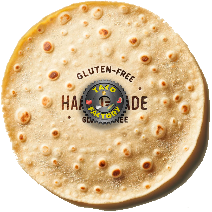 Tortilla artesanal sin gluten de Tazo Factory, circular, con marca en el medio.