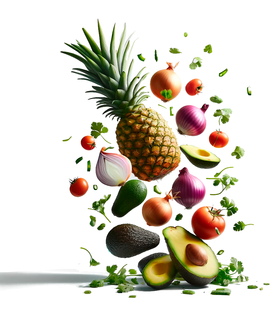 Piña flotante, aguacate, cebolla, tomate y cilantro; ingredientes para la salsa.