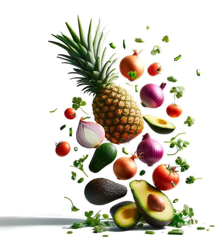 Piña flotante, aguacate, cebolla, tomate y cilantro; ingredientes para la salsa.