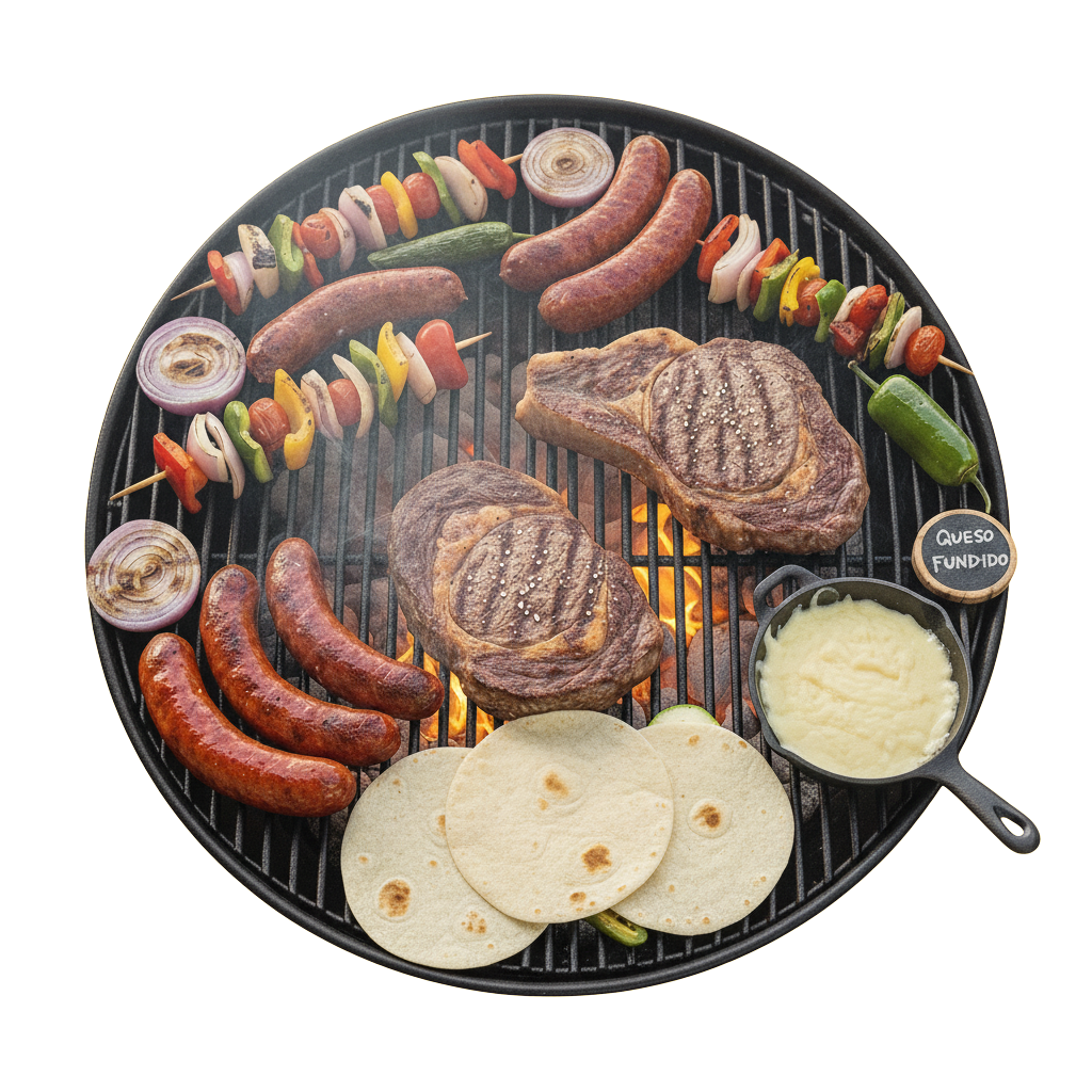 Carnes, verduras y tortillas a la parrilla. Incluye salchichas, filetes, brochetas y puré de papas.