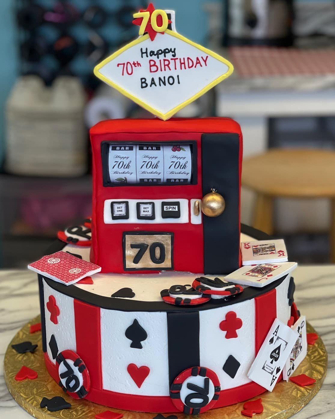 A cake that looks like a slot machine for a 70th birthday