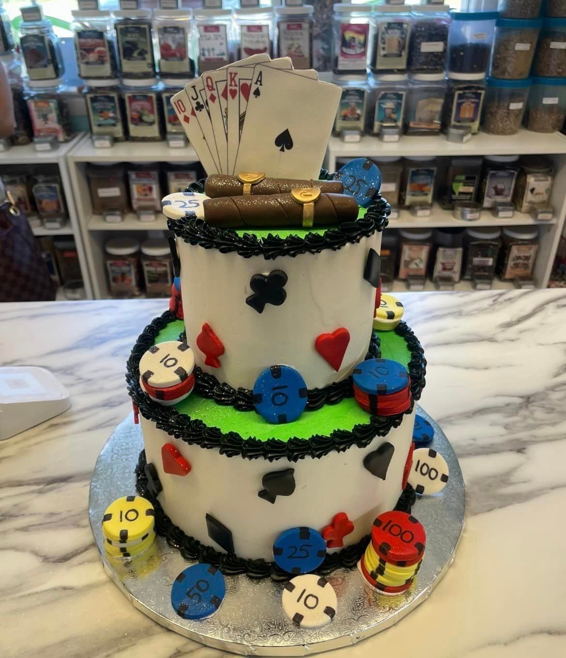 A cake with poker chips and playing cards on it