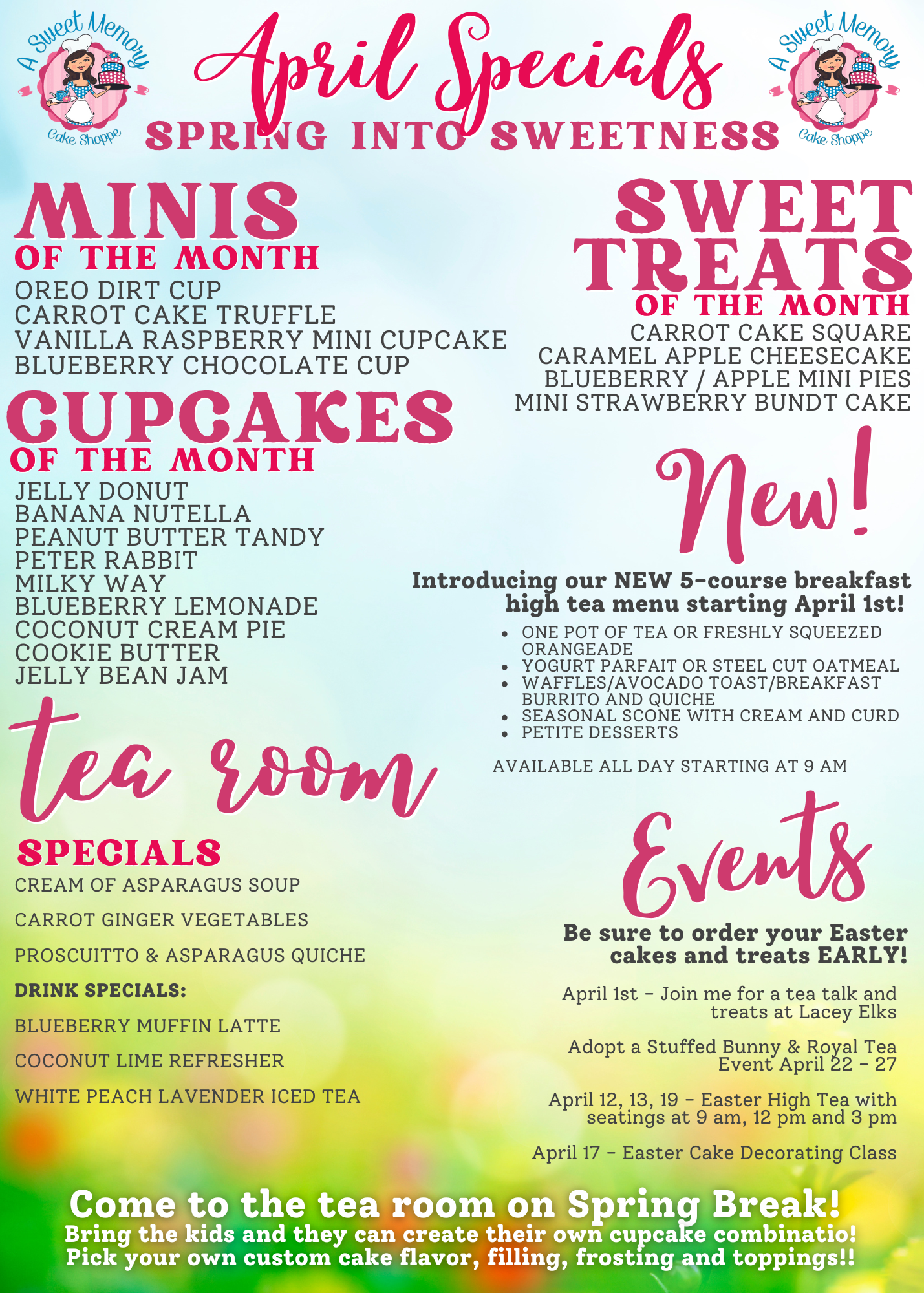A poster for april specials and sweet treats of the month.