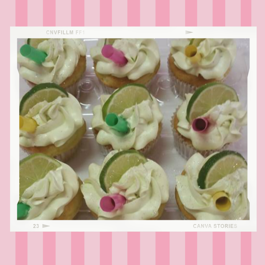 A bunch of cupcakes on a pink and white striped background