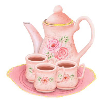 A pink teapot and four cups of tea on a pink plate