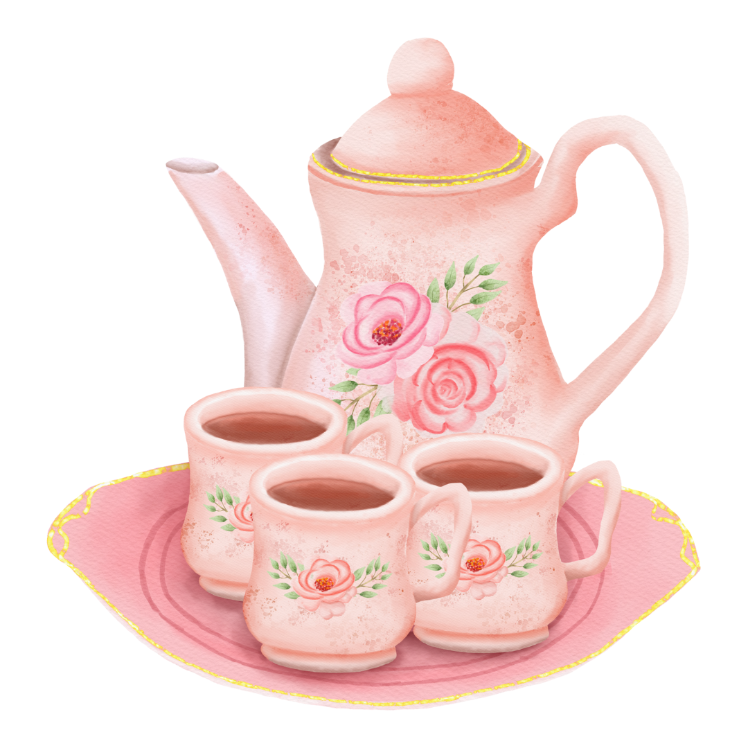 A pink teapot and four cups of tea on a pink plate.