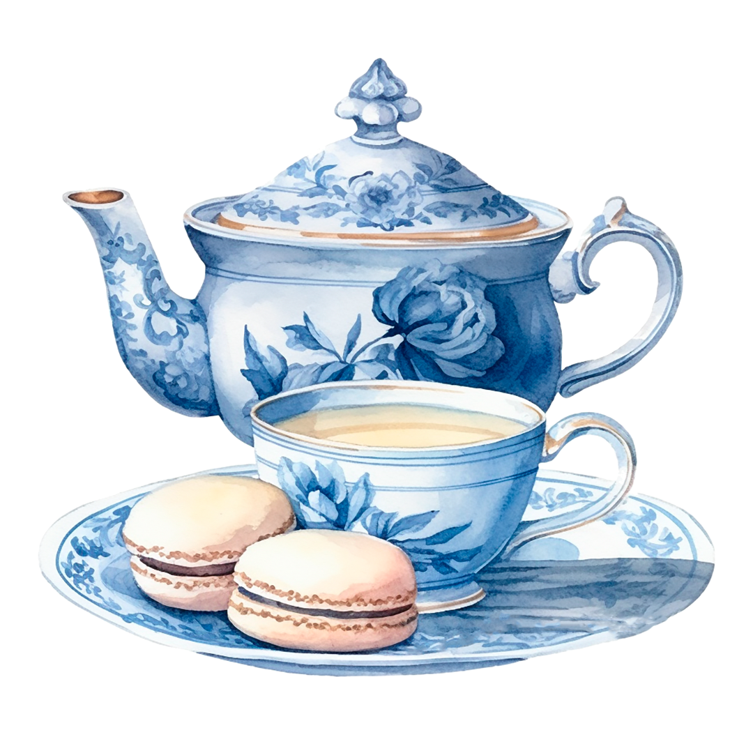A blue and white teapot with a cup of tea and macarons on a saucer