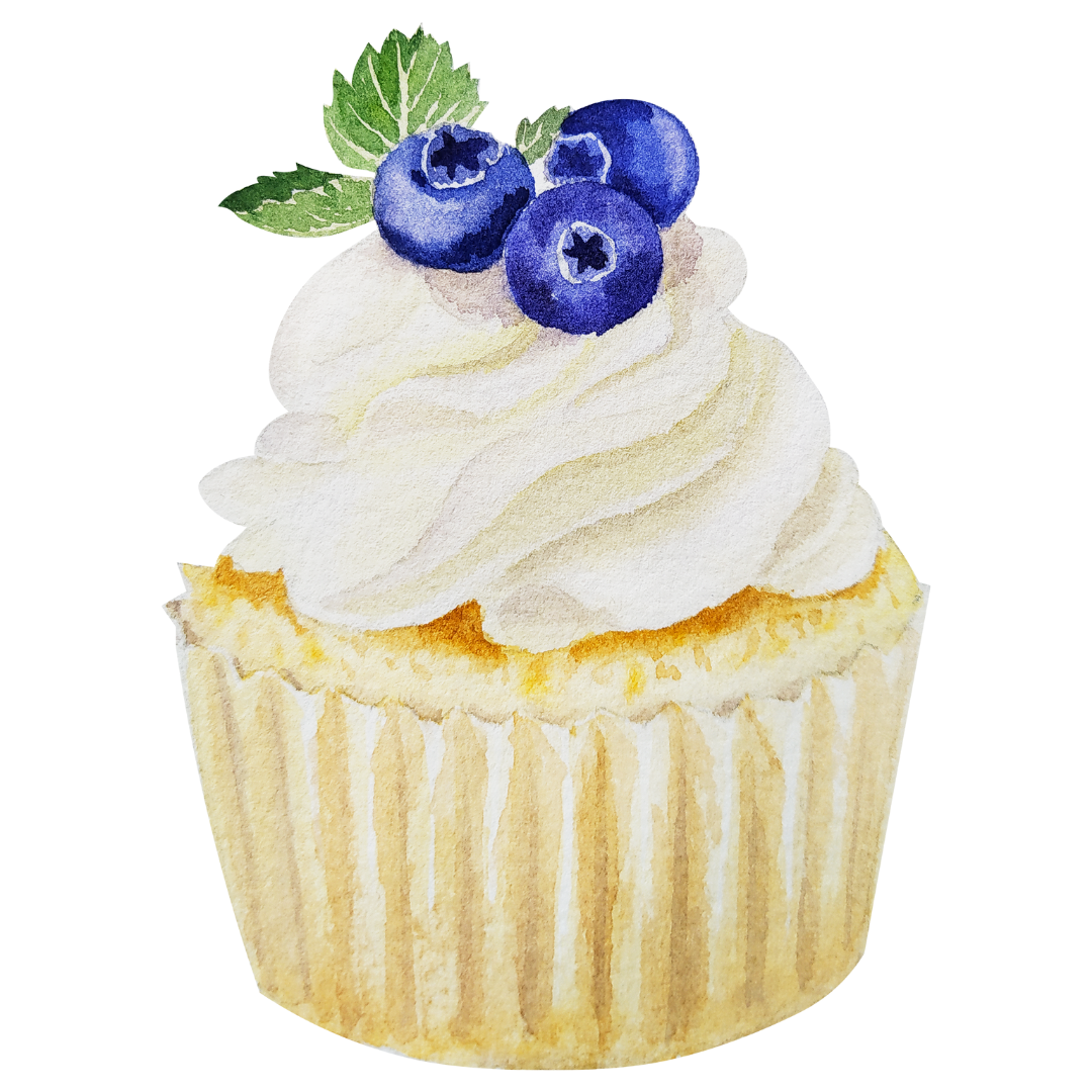 A cupcake with whipped cream and blueberries on top