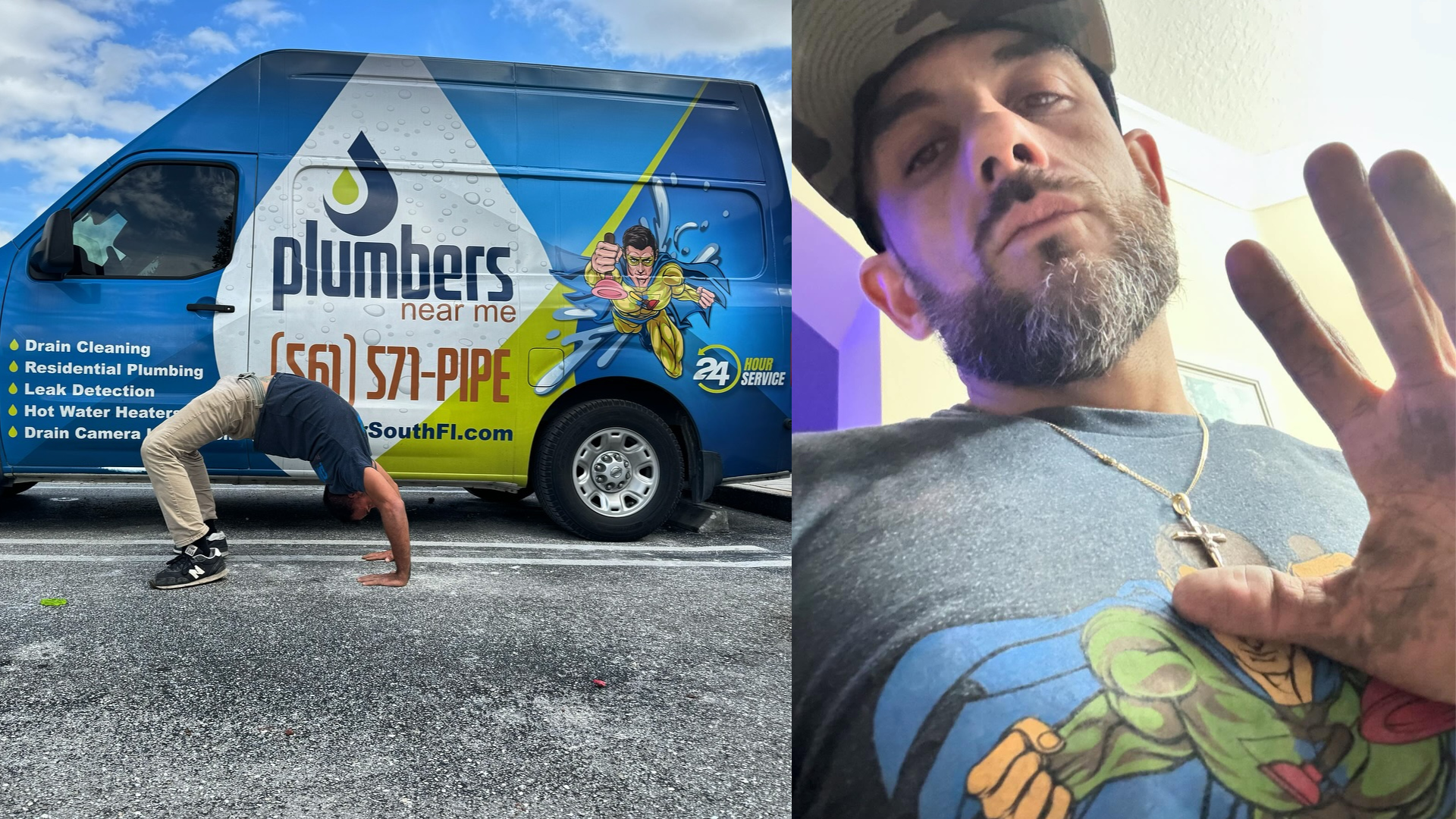 A man is doing a handstand in front of a plumber 's van.