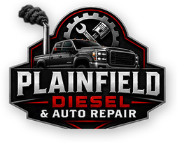 Plainfield Diesel & Auto Specialist logo with black pickup truck, gear, and smokestack