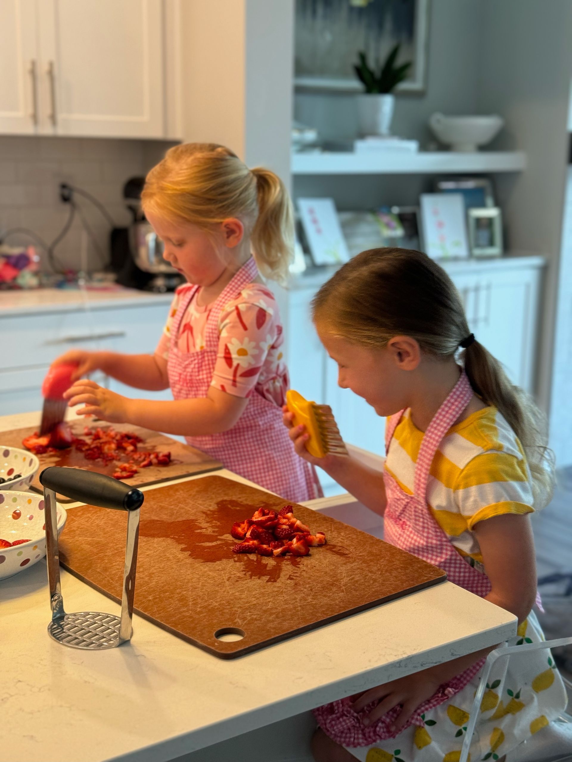 Two IMA students prepare strawberry popsicles at home.