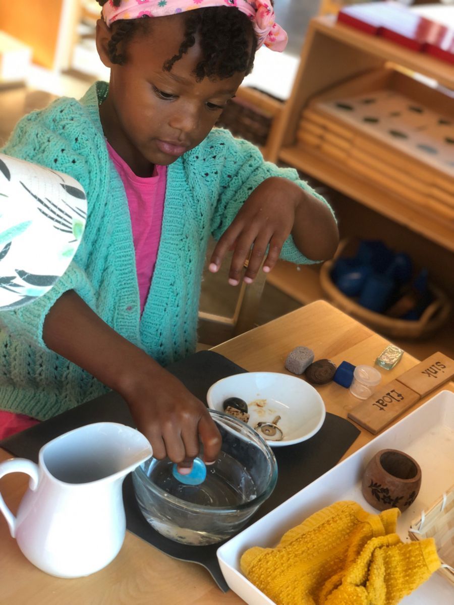 A Montessori child explores with objects that sink and float. 