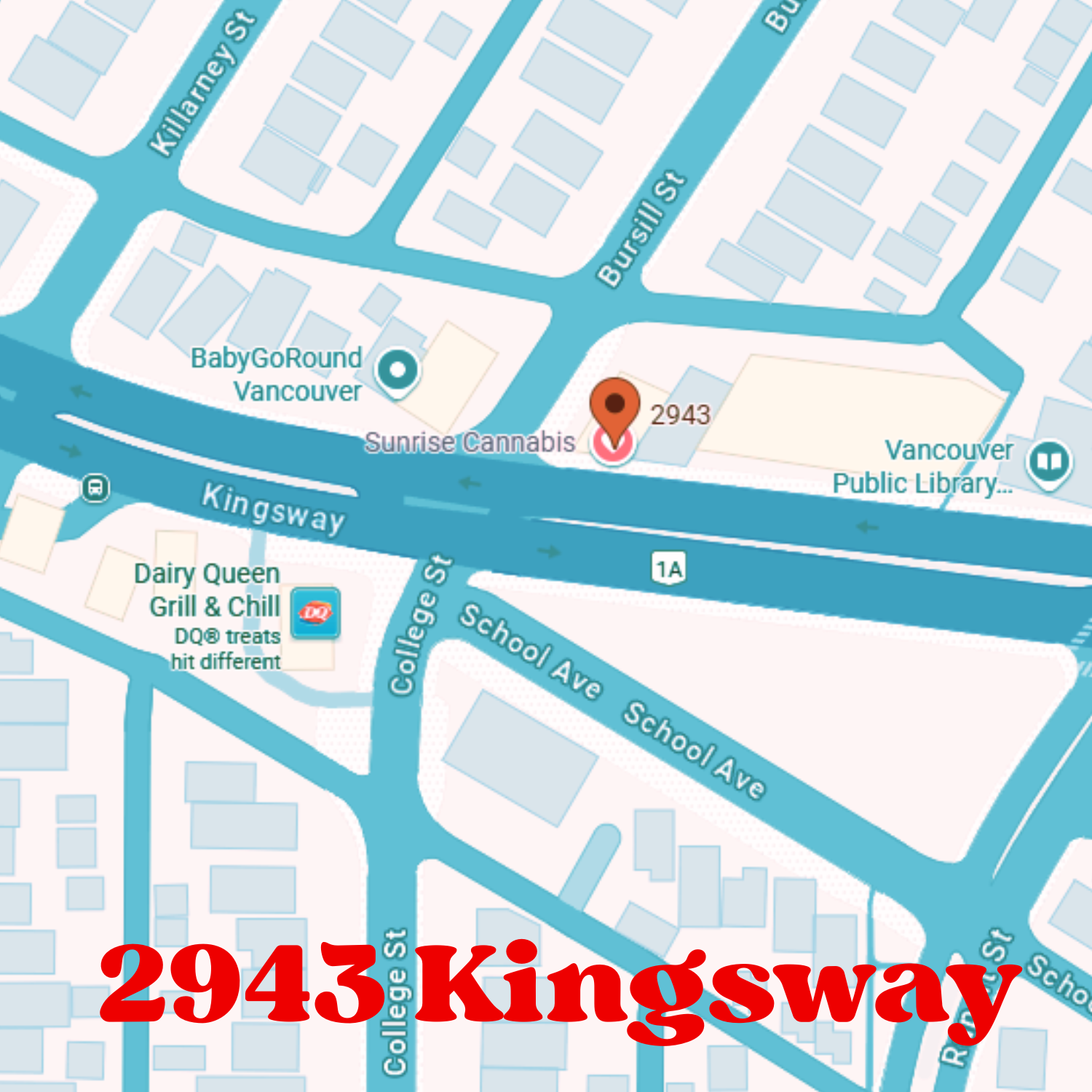 Map of 2943 Kingsway in Vancouver, Canada, with nearby businesses and streets highlighted in blue and a red pin.