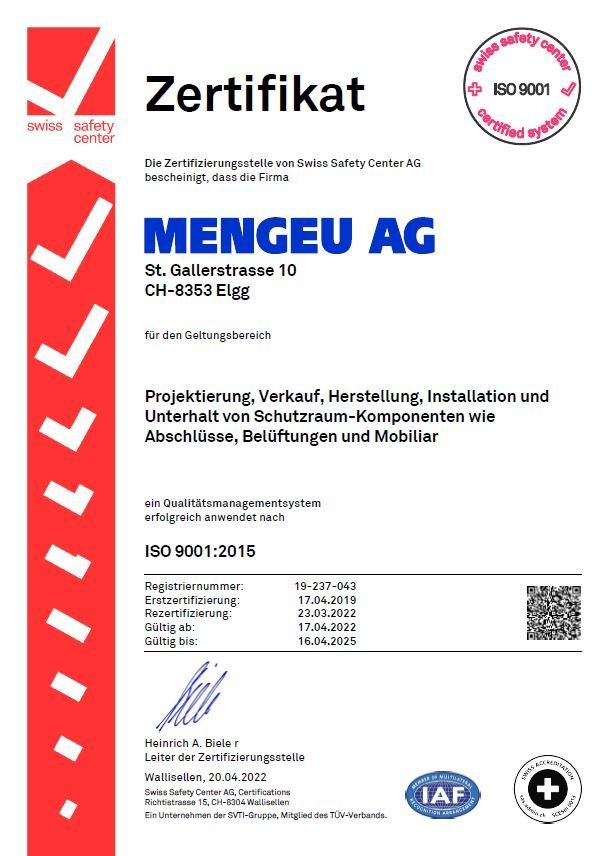 ISO-Zertifizierung Mengeu AG Schutzraumtechnik