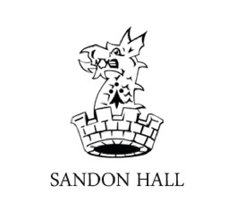 A black and white logo for sandon hall with a dragon on top of a castle Eddie young performing magic at Wedding.