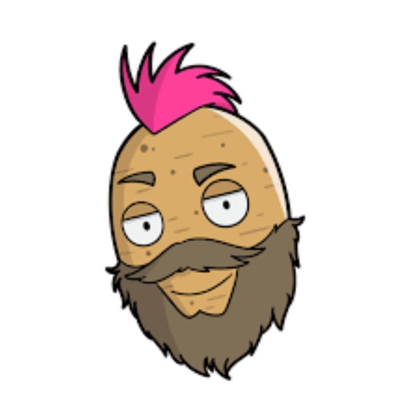 A potato with a pink mohawk and a brown beard giving a knowing smile.