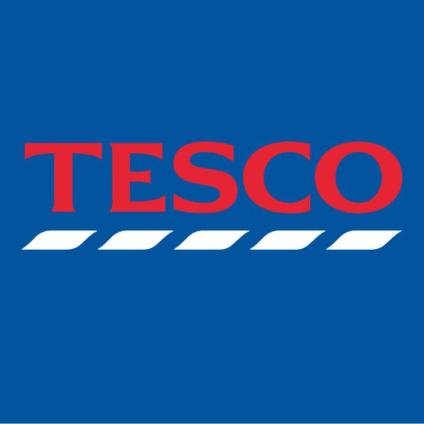 Tesco logo: Red "TESCO" text above five white curved stripes on a blue background.