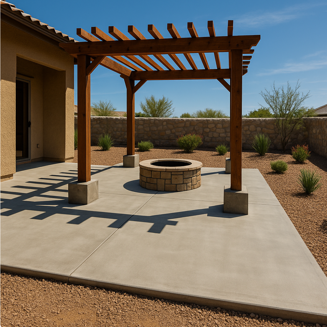 Smooth concrete slab with pergola and built-in fire pit in East El Paso