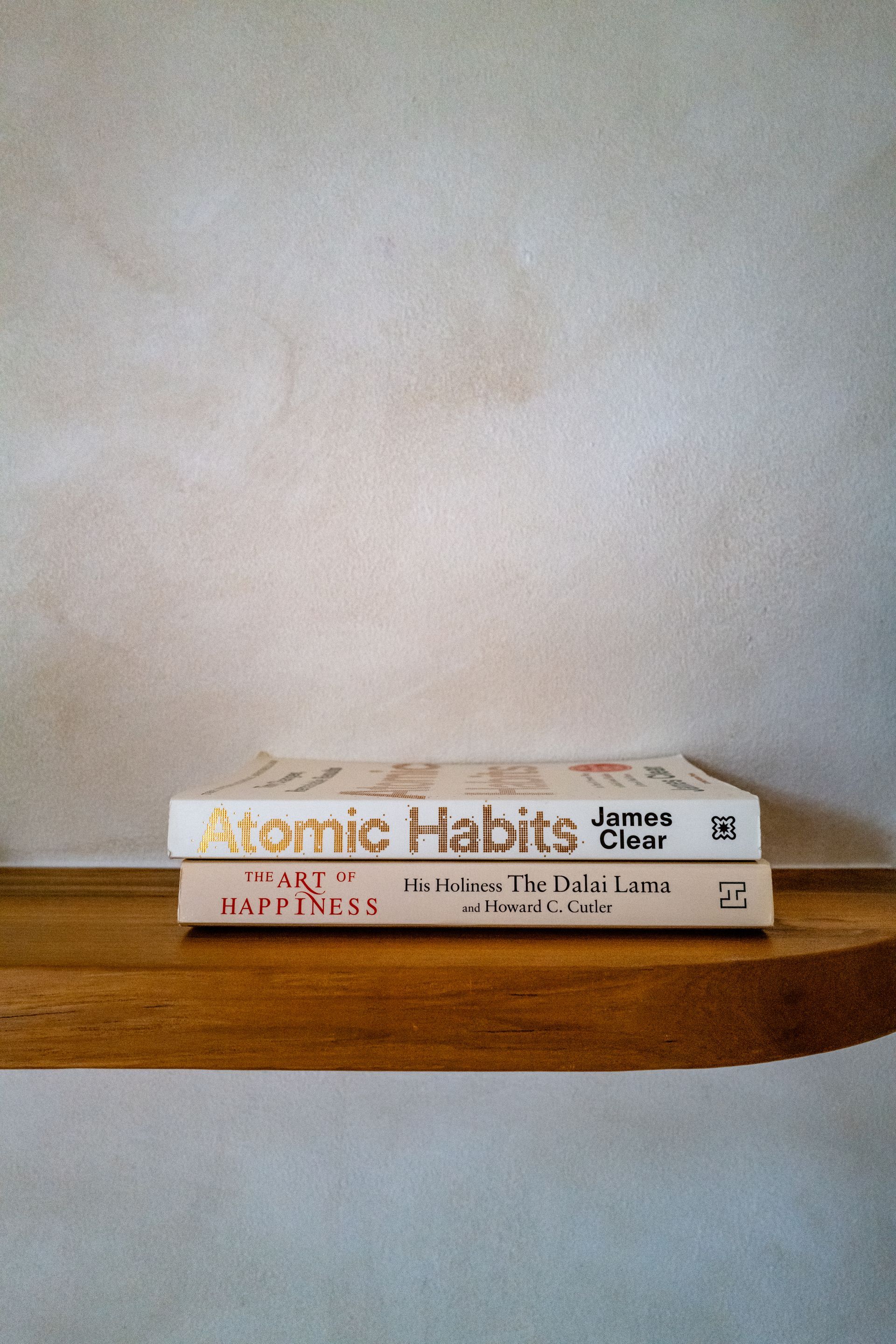 Two books stacked on a wooden shelf: 