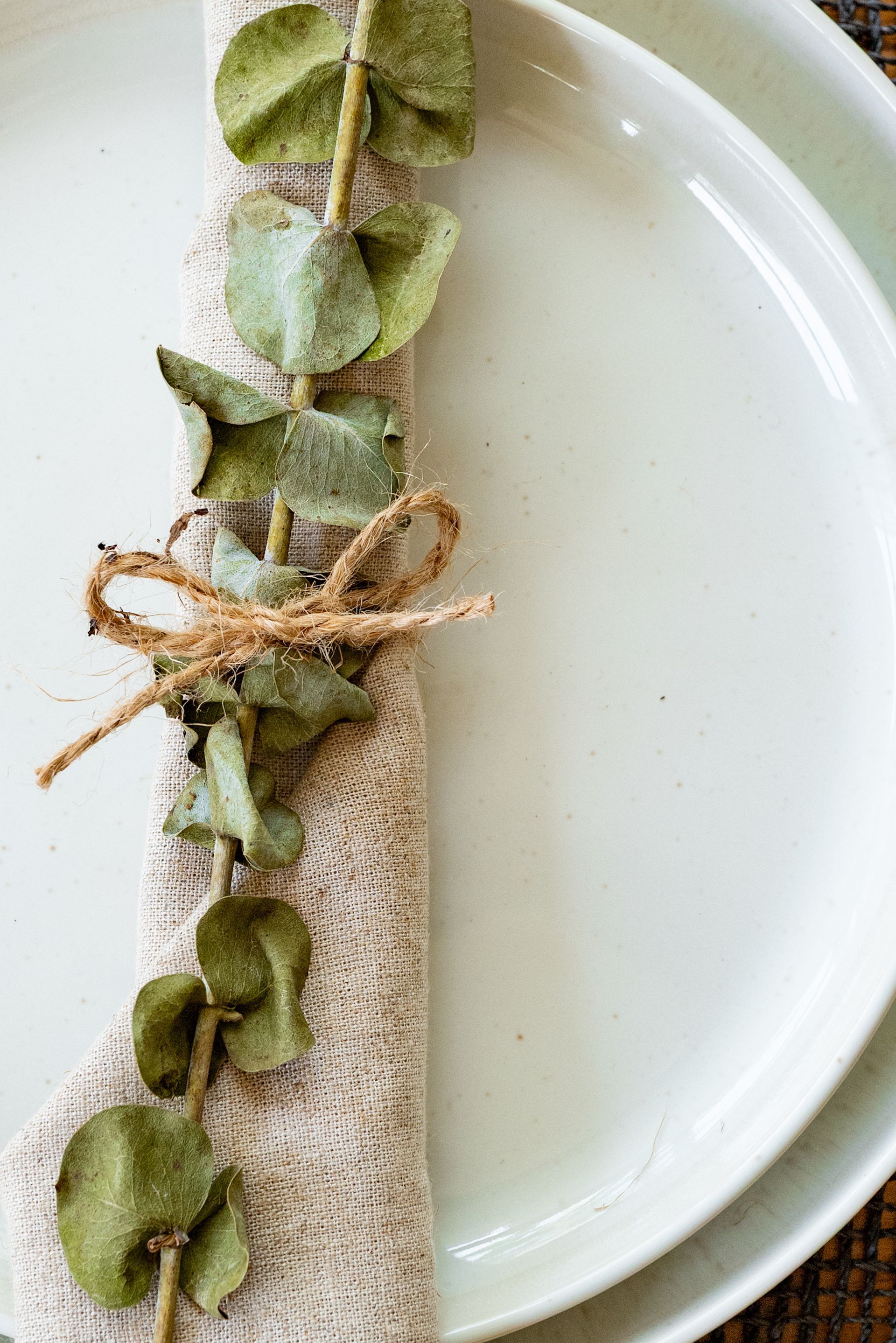 Napkin on white plate, decorated with eucalyptus and tied with twine.