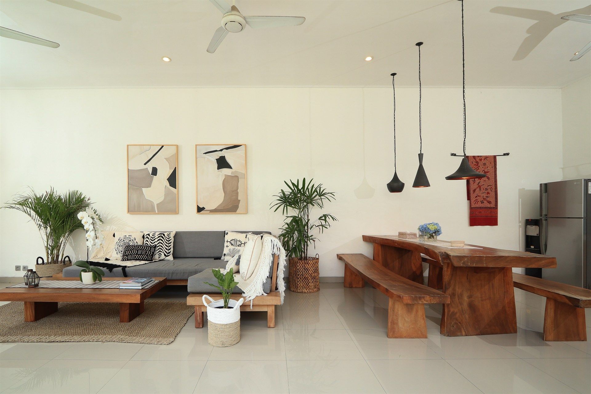 Bright, open-concept living/dining area with light walls, wood furniture, and potted plants.