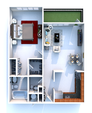 A 3d floor plan of a house with a bedroom , living room , and bathroom.