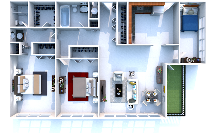 An aerial view of a floor plan of a house.