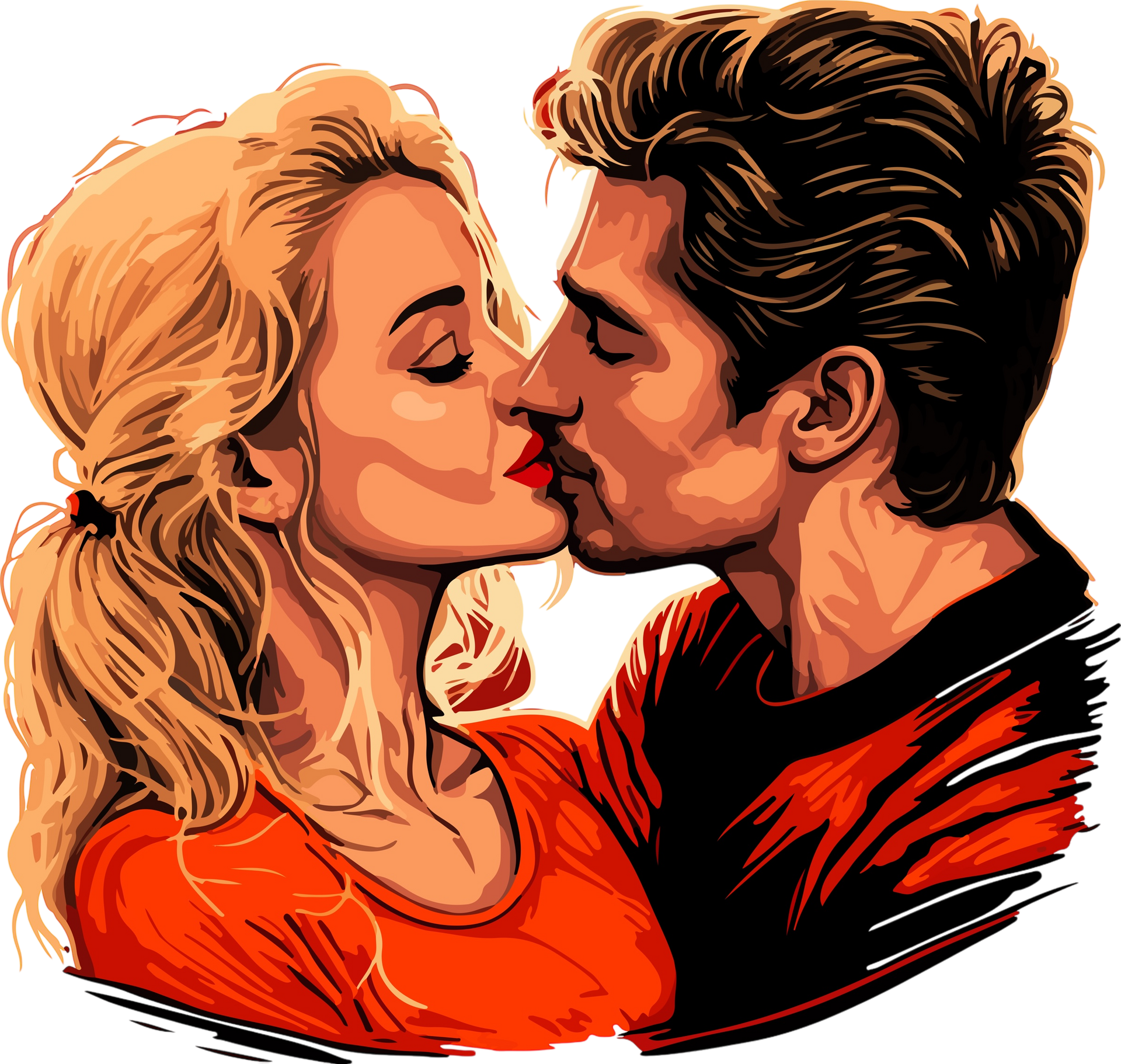 A man and a woman are kissing with their eyes closed.