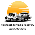 White tow truck with a car on its flatbed; orange sun background. "Heithcock Towing & Recovery" (615) 790-3949.