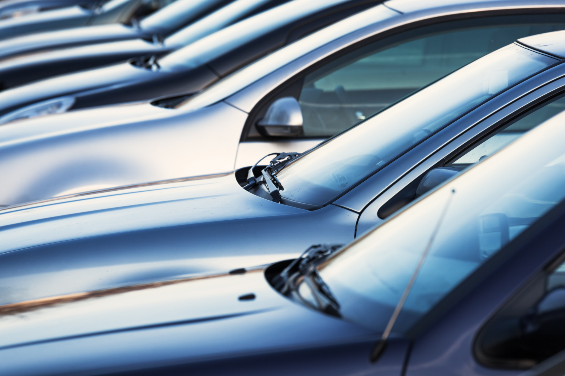 A row of silver and grey cars parked in a line, angled to show their hoods and windshields.