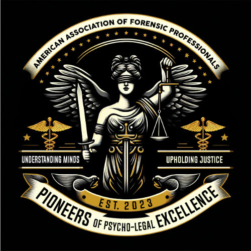 Logo of American Association of Forensic Professionals, featuring Lady Justice with sword & scales, wings, and text on a black background.