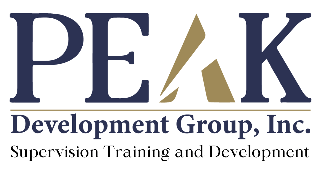 Logo for Peak Development Group, Inc. features navy text "PEAK" and tan angled lines with "Development Group, Inc." and "Supervision Training and Development" in black text below.