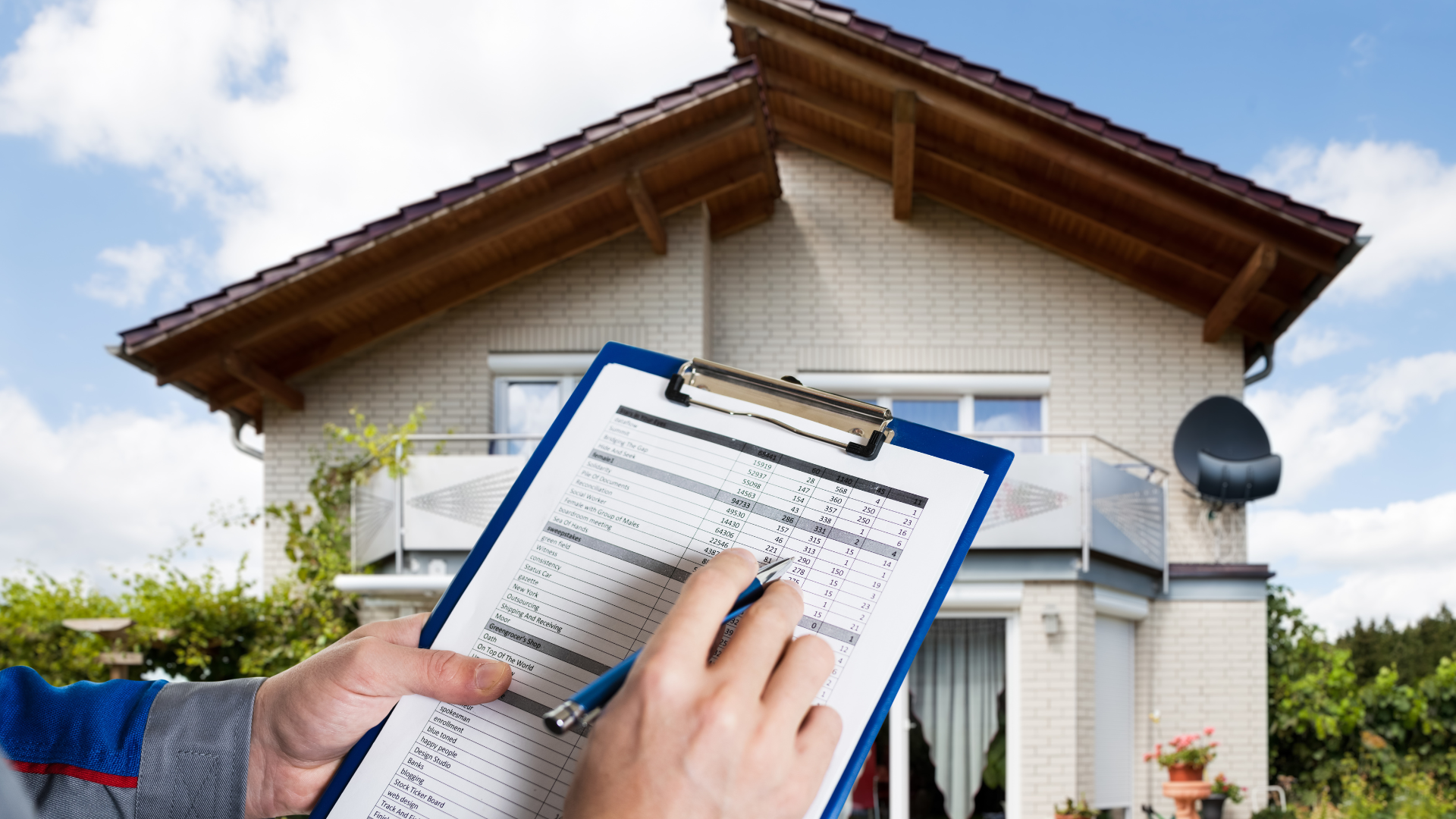 A person is holding a clipboard in front of a house.