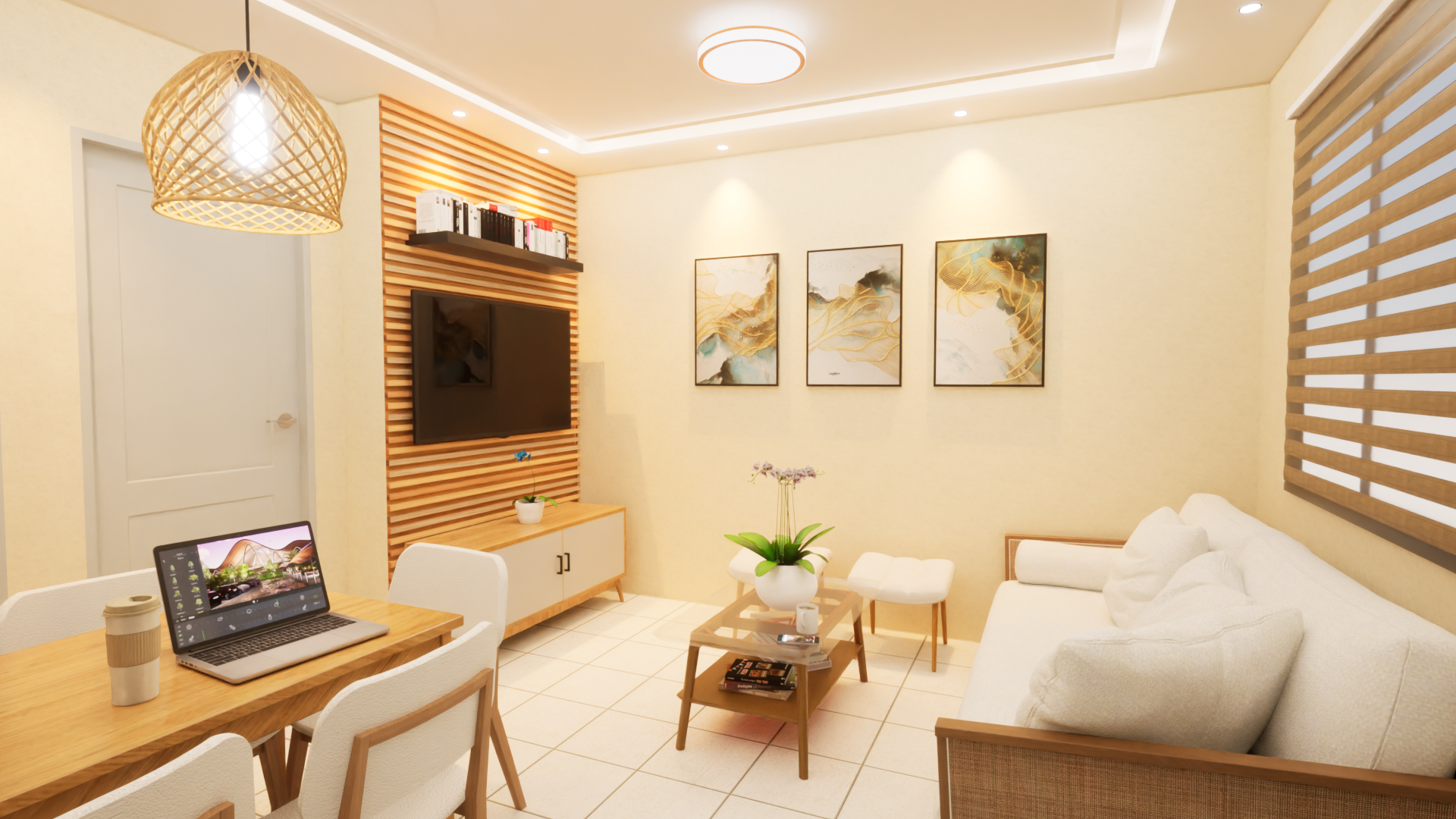 There is a laptop on the table in the living room.