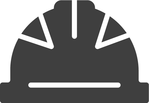 A black and white silhouette of a hard hat on a white background.