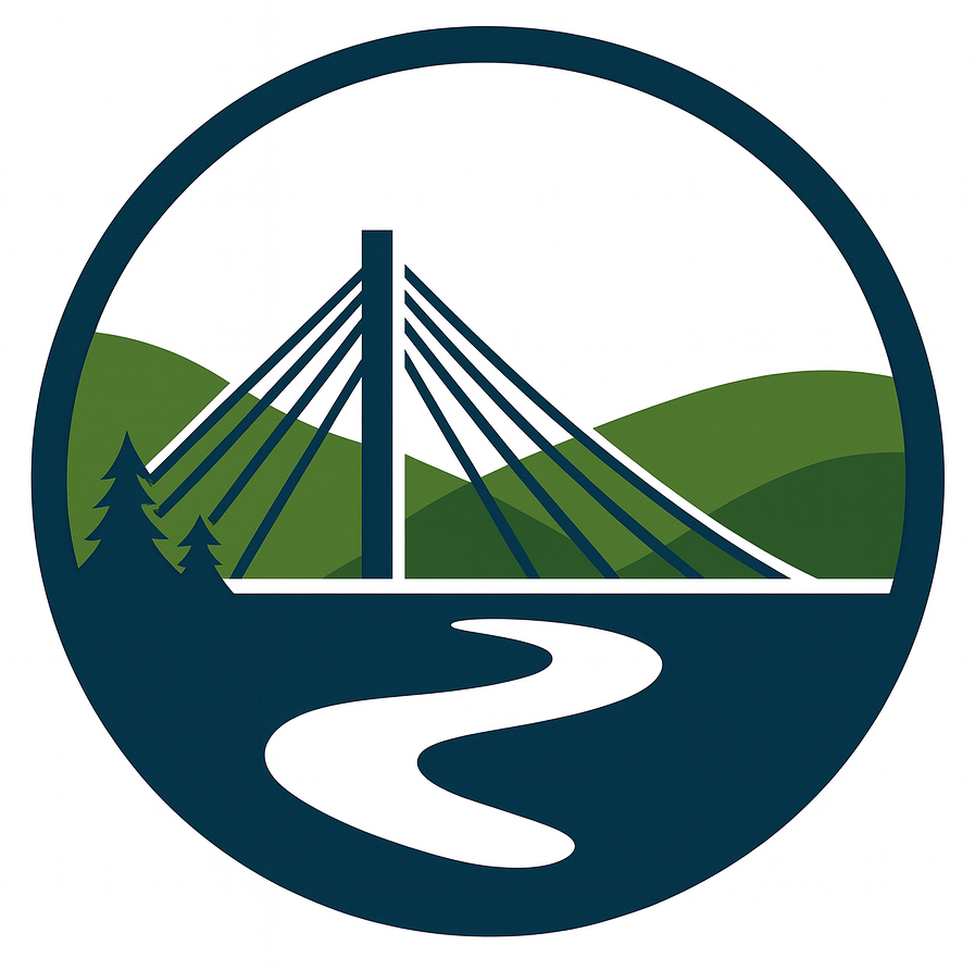 Blue circle logo with a bridge, river, trees, and green hills.