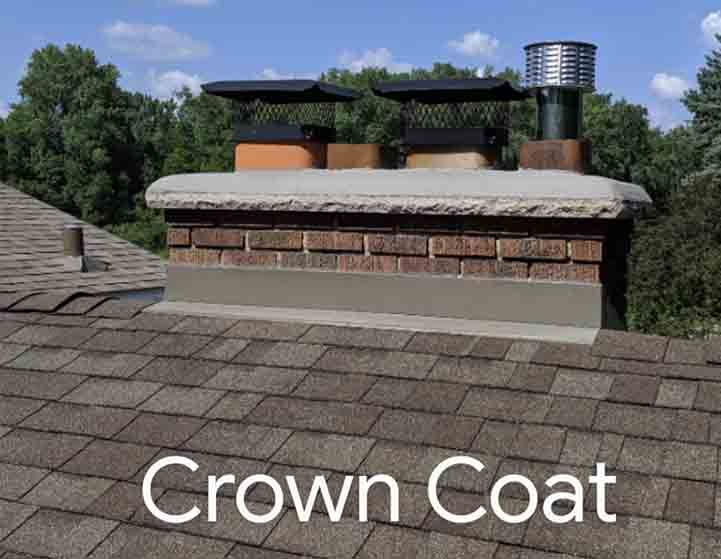A chimney on top of a roof with the words crown coat below it
