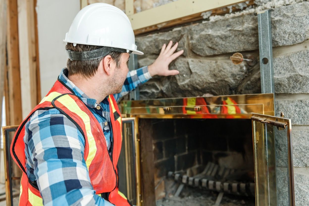 A man wearing a hard hat and safety vest is working on a fireplace.