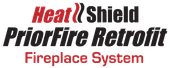 The logo for heat shield priorfire retrofit fireplace system.