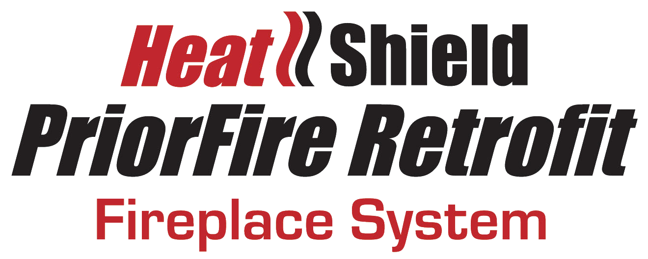 The logo for heat shield priorfire retrofit fireplace system.