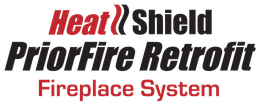 The logo for heat shield priorfire retrofit fireplace system.