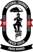 A national chimney sweep guild proud member logo with a man holding an umbrella on a chimney.