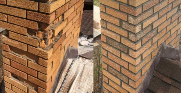 Two pictures of a brick chimney being built.