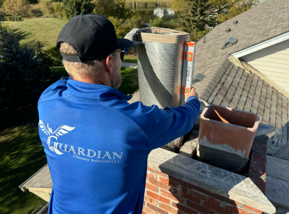 A man is working on a chimney on the roof of a house