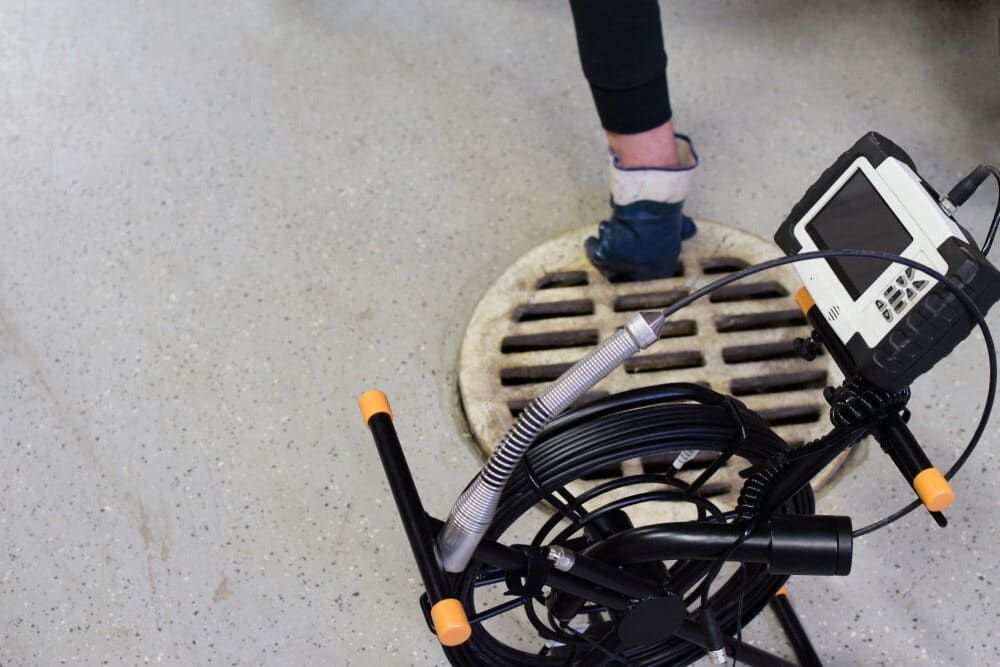 A Person is Standing on a Manhole Cover With a Camera Attached to It — Reed Plumbing Industries in Mackay, QLD