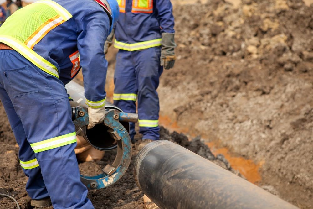 A Group of Construction Workers Are Working on a Pipe in the Dirt — Reed Plumbing Industries in Rockhampton, QLD