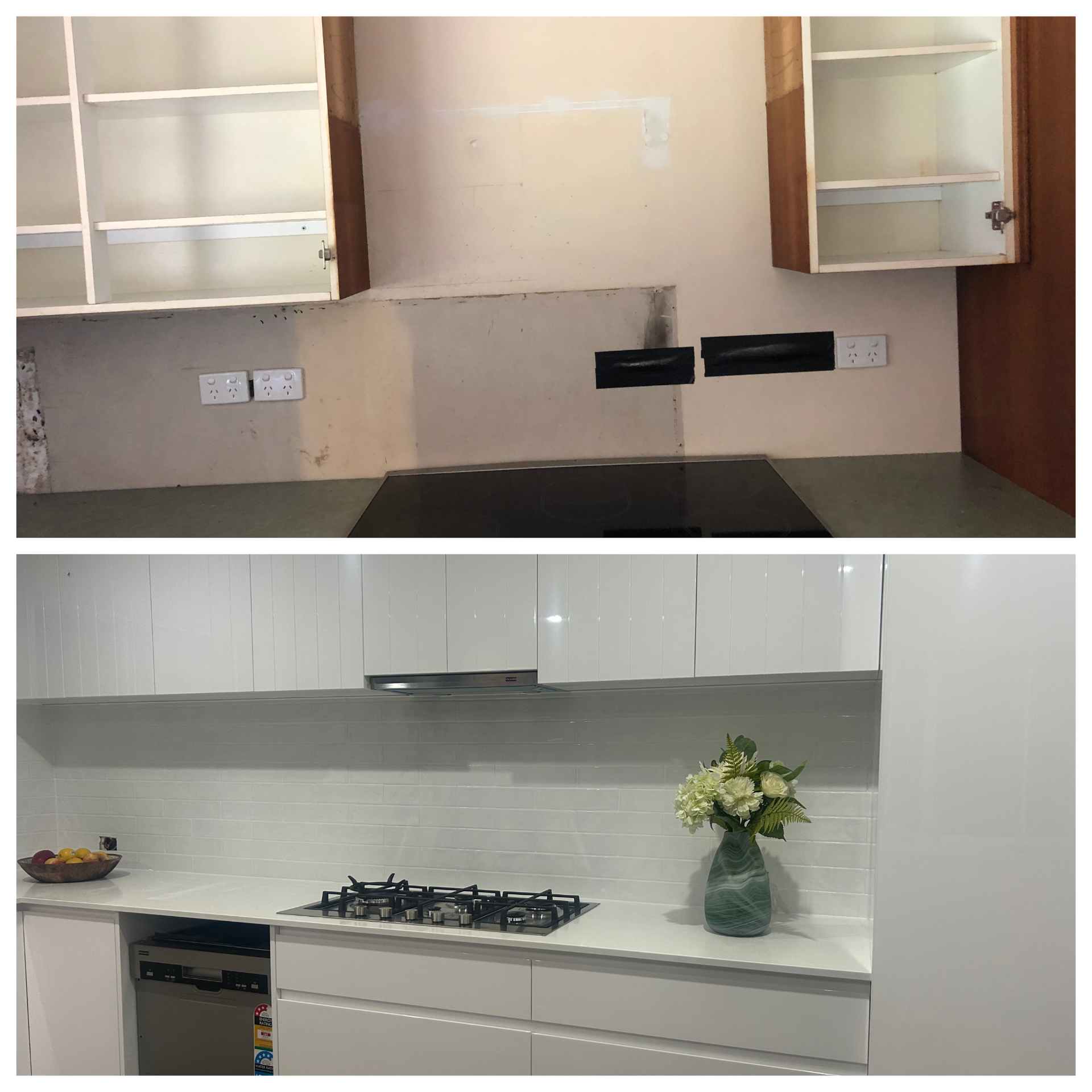 A Before and After Picture of a Kitchen Being Remodeled — Reed Plumbing Industries in Mackay, QLD