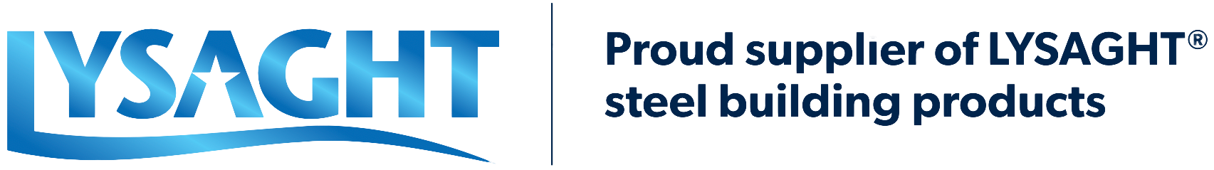 LYSAGHT logo with text “Proud supplier of LYSAGHT steel building products”