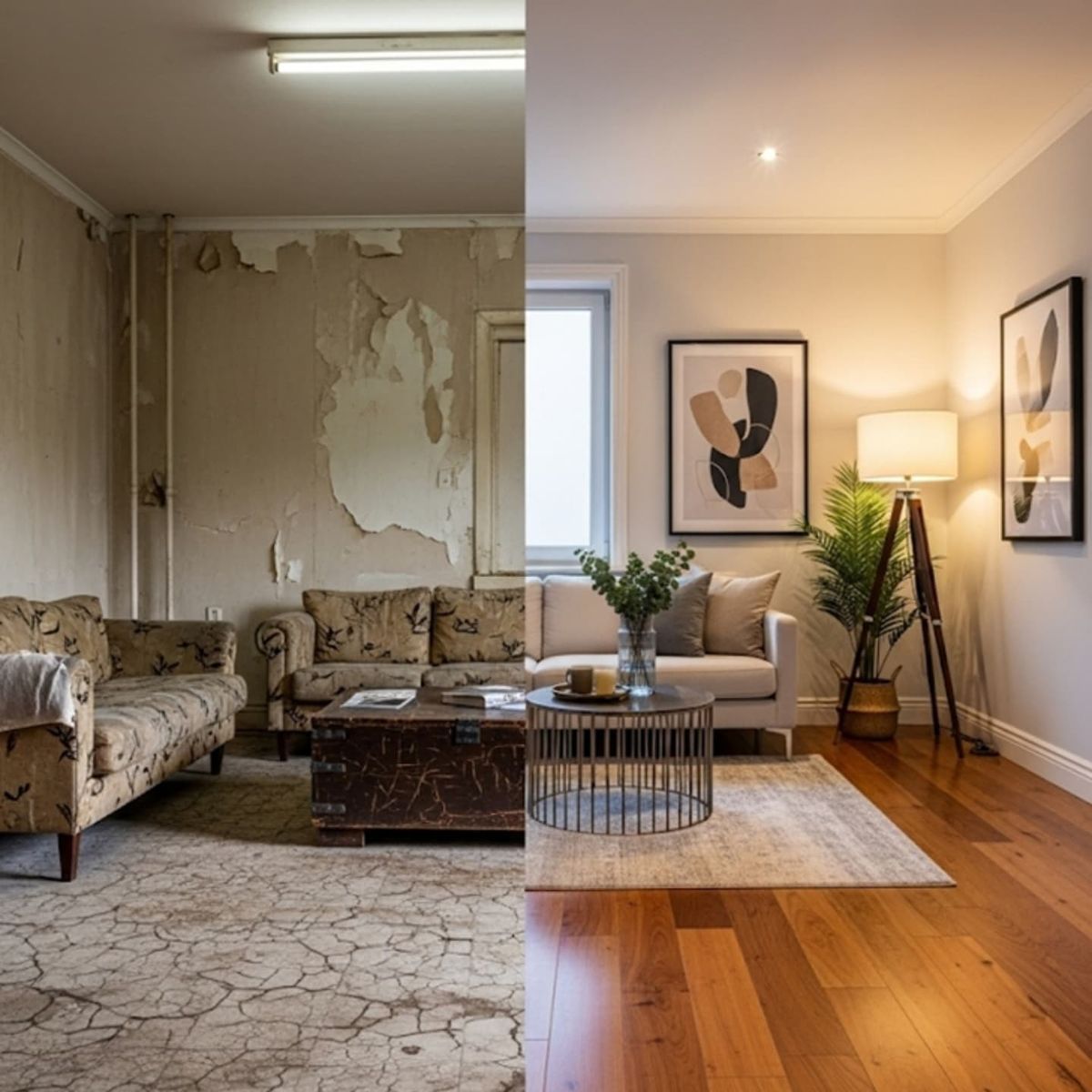 Room renovation before and after: peeling paint, worn furniture, vs. modern couches, wooden floors, artwork.